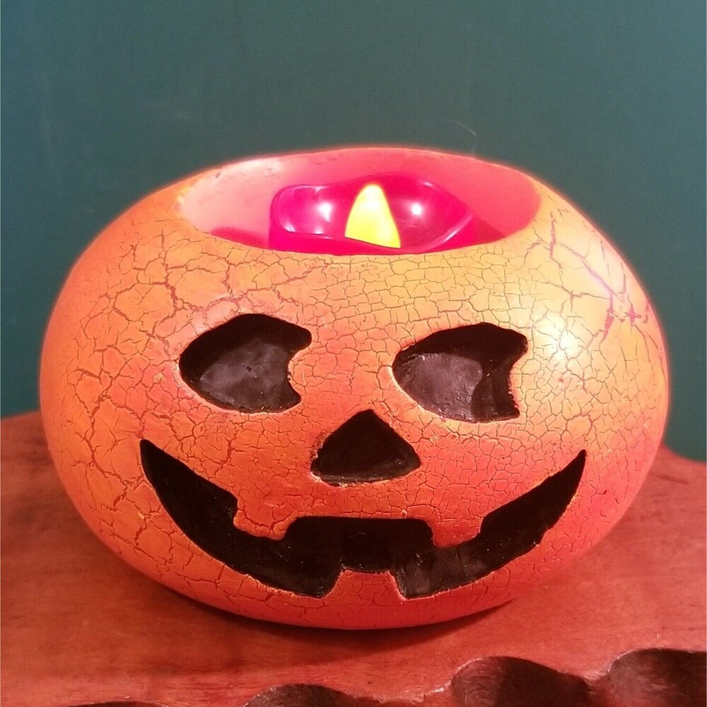 Vintage Halloween Jack O' Lantern Pumpkin Votive Candle Holder 4"x3.5"x2.5"